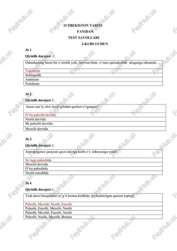 o’zbekiston tarixi fanidan test savollari 2-kurs uchun — DOCX