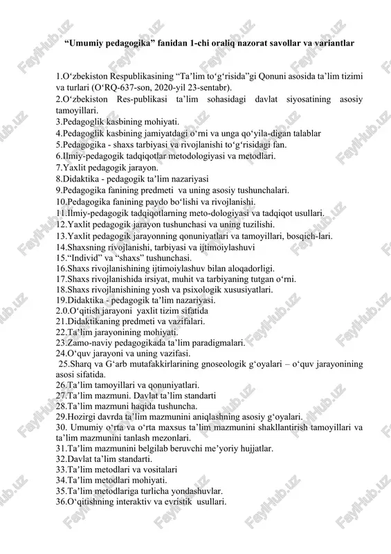 umumiy pedagogika fanidan 1-chi oraliq nazorat savollar va variantlar — DOCX