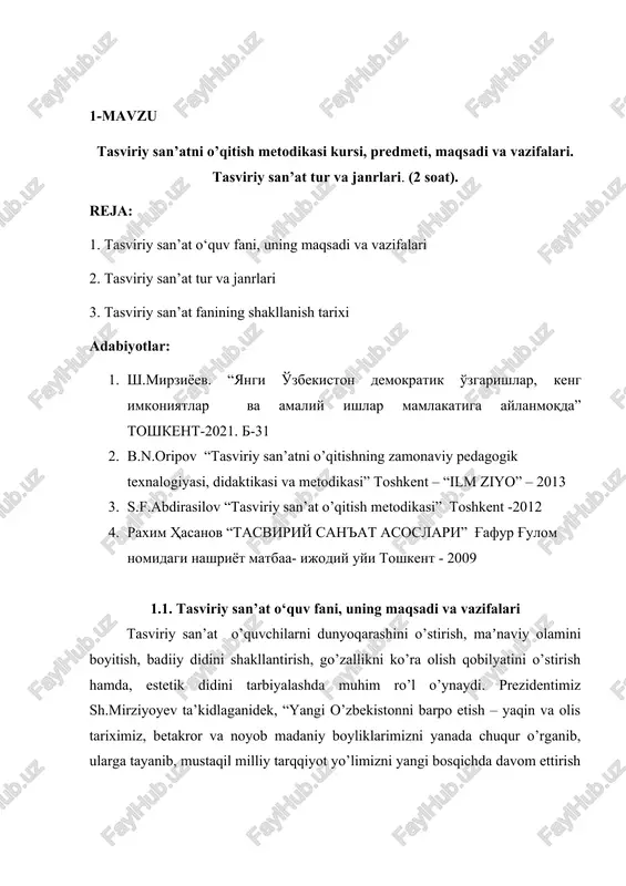 tasviriy san’atni o’qitish metodikasi kursi — DOCX