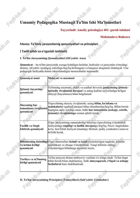 umumiy pedagogika mustaqil ta'lim ishi ma'lumotlari — DOCX