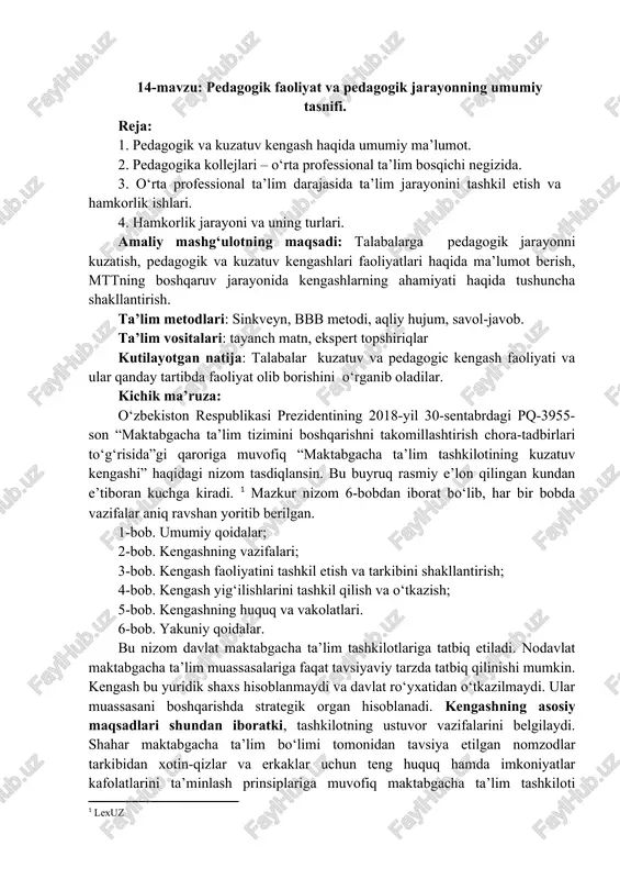 pedagogik faoliyat va pedagogik jarayonning umumiy tasnifi — DOCX
