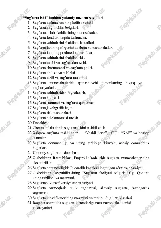 “sug`urta ishi” fanidan yakuniy nazorat savollari — DOCX