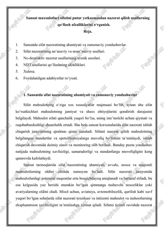 mahsulot sifatini putur yetkazmasdan nazorat qilish — DOCX