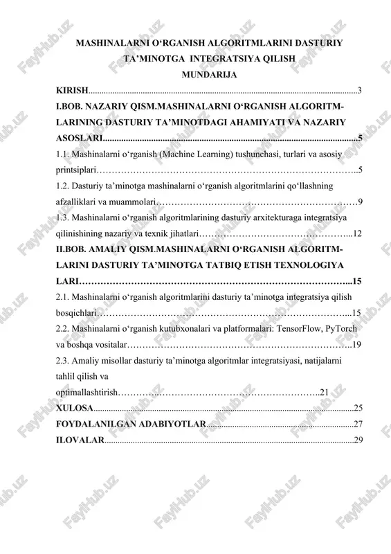 mashinalarni o‘rganish algoritmlarini dasturiy ta’minotga integratsiya qilish — DOCX
