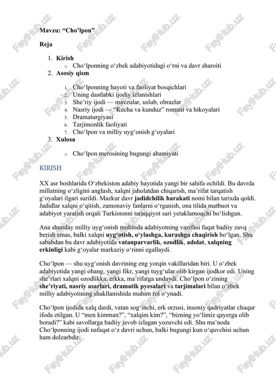 cho'lpon haqida kurs ishi — DOCX