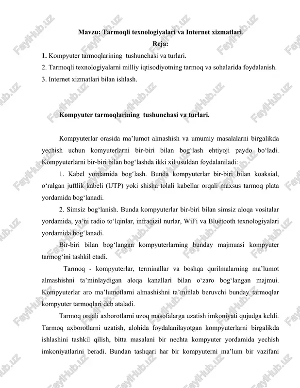 tarmoqli texnologiyalari va internet xizmatlari. — DOCX
