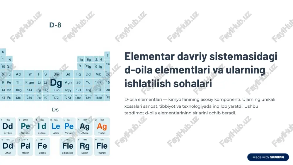 elementar davriy sistemasidagi d-oila elementari va ularning ishlatilish sohalari — PDF