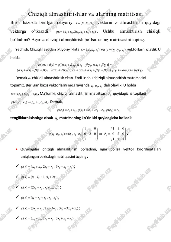 chiziqli almashtirishlar va ularning matritsasi — PDF