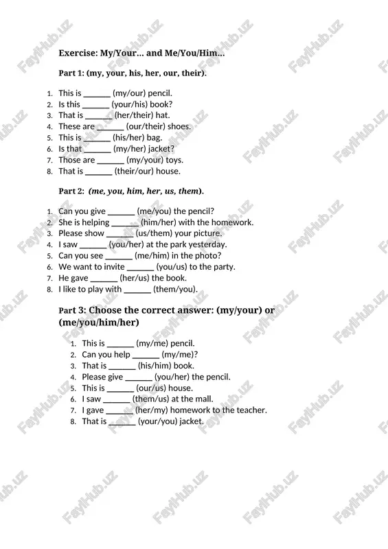 my/your... and me/you/him... mavzusida ochiq test — DOCX