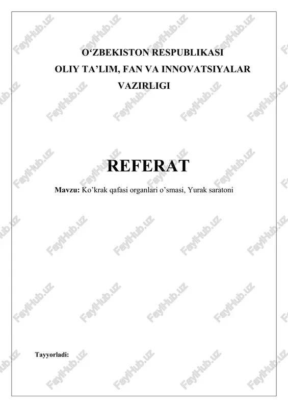 ko'krak qafasi organlari o'smasi, yurak saratoni — DOCX