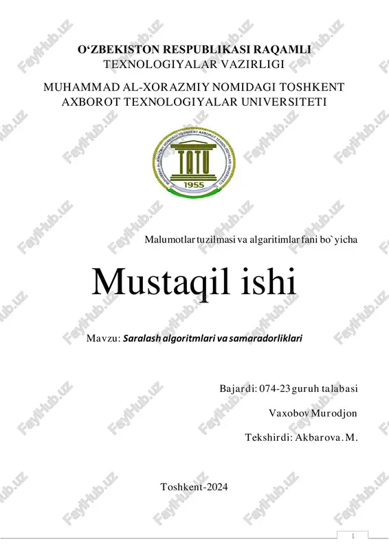 saralash algoritmlari va samaradorliklari — PDF