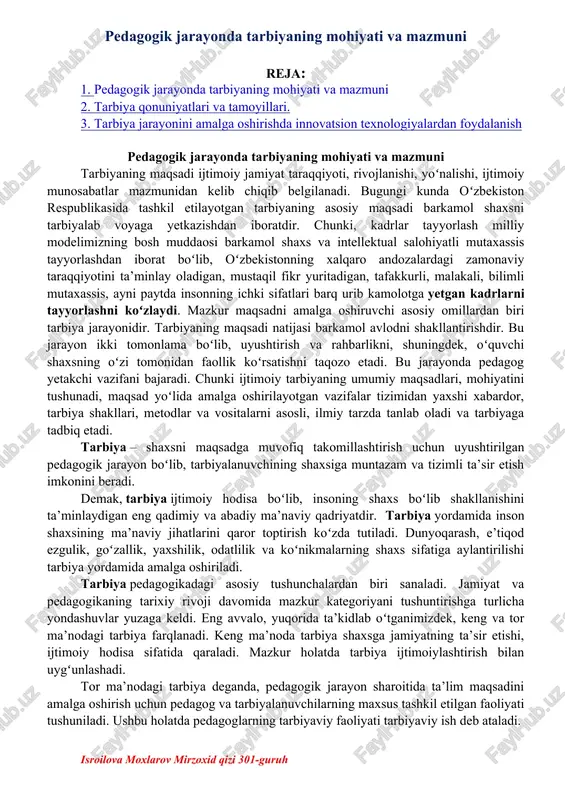 pedagogik jarayonda tarbiyaning mohiyati va mazmuni — DOCX