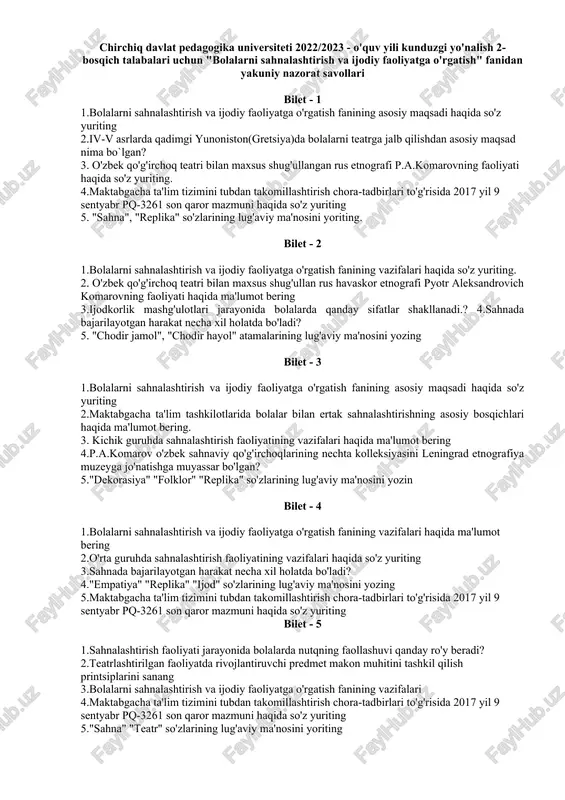 bolalarni sahnalashtirish va ijodiy faoliyatga o'rgatish nazorat savollari — DOCX