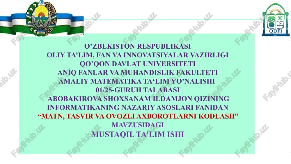 matn, tasvir va ovozli axborotlarni kodlash — PPTX