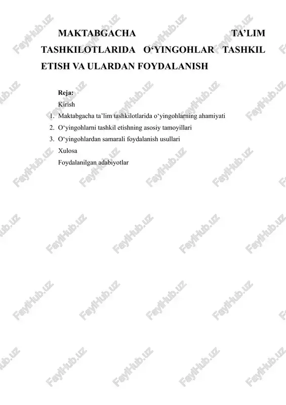 maktabgacha ta'lim tashkilotlarida o'yingohlar tashkil etish va ulardan foydalanish — DOCX