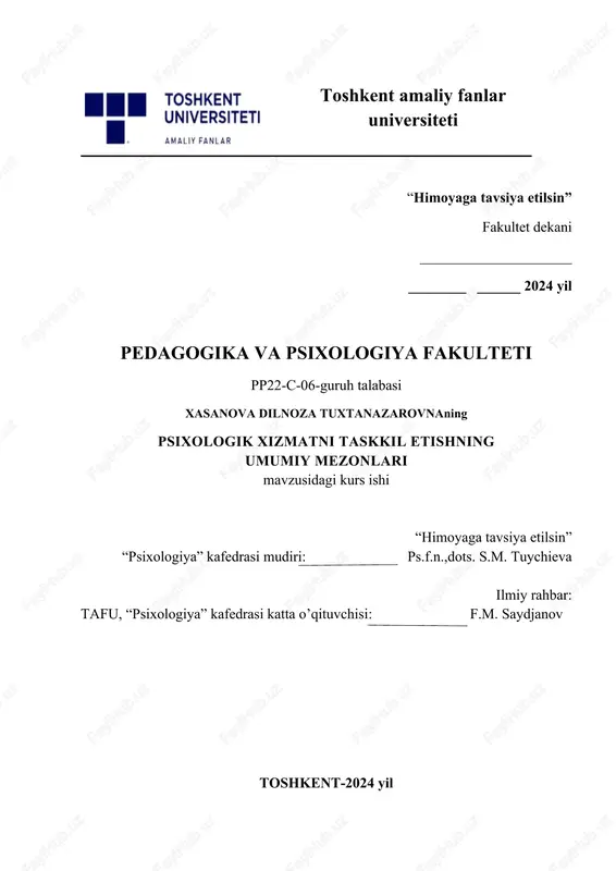 psixologik xizmatni taskkil etishning umumiy mezonlari — DOCX