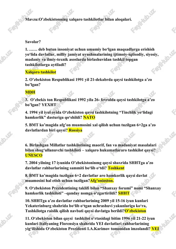 o'zbekistonning xalqaro tashkilotlar bilan aloqalari — DOCX