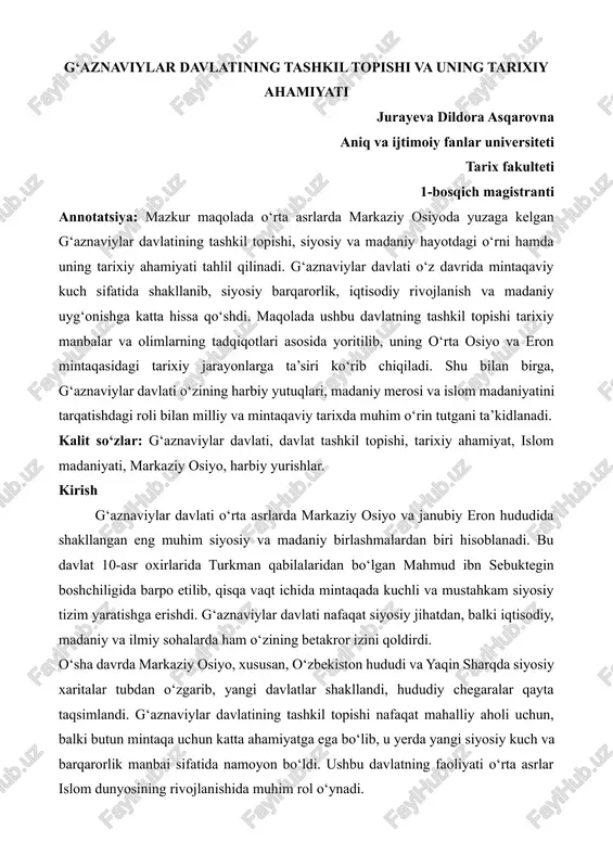 g‘aznaviylar davlatining tashkil topishi va uning tarixiy ahamiyati — DOCX