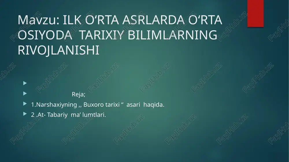 ilk oʻrta asrlarda oʻrta osiyoda tarixiy bilimlarning rivojlanishi — PPTX