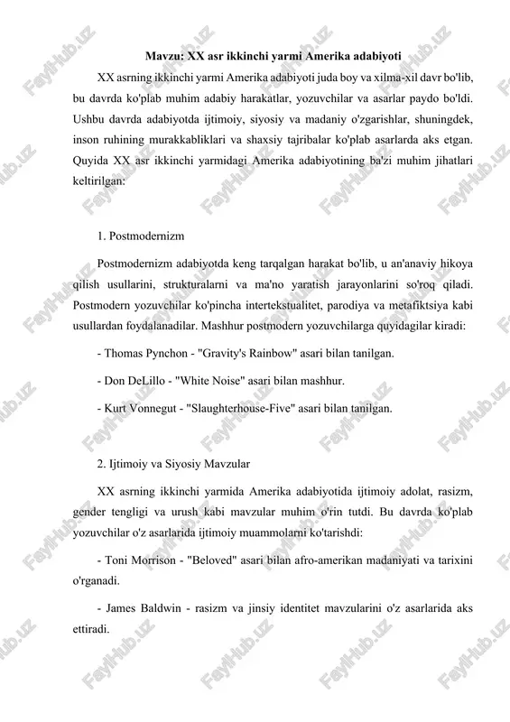 xx asr ikkinchi yarmi amerika adabiyoti — DOCX