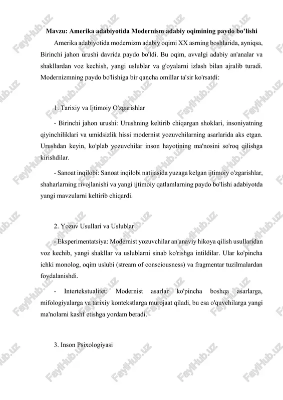 amerika adabiyotida modernism adabiy oqimining paydo bo’lishi — DOCX