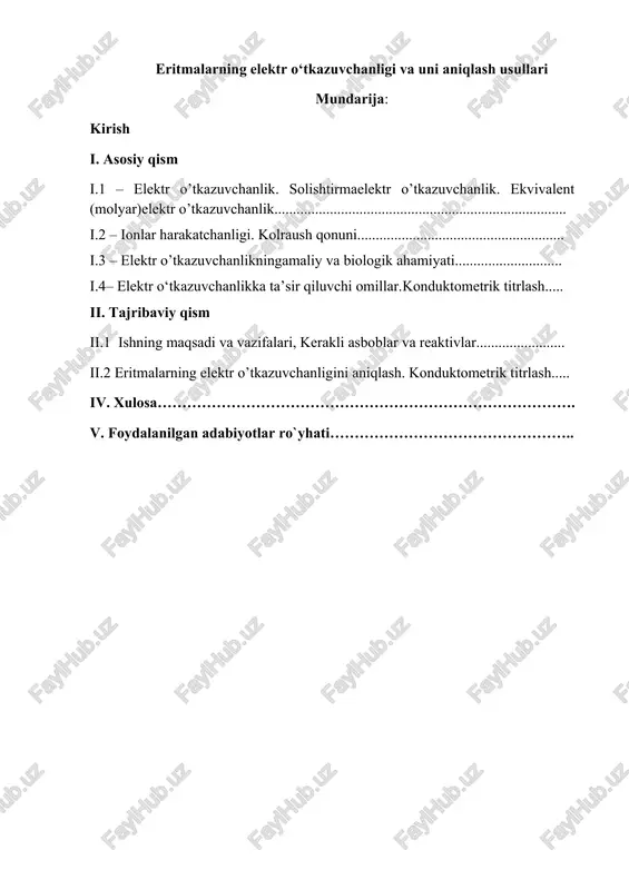eritmalarning elektr o‘tkazuvchanligi va uni aniqlash usullari — DOCX
