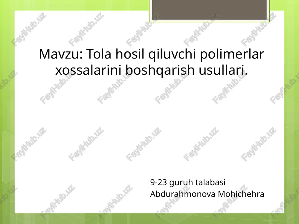 tolahosilqiluvchi polimerlar xossalarini boshqarish usullari — PPTX