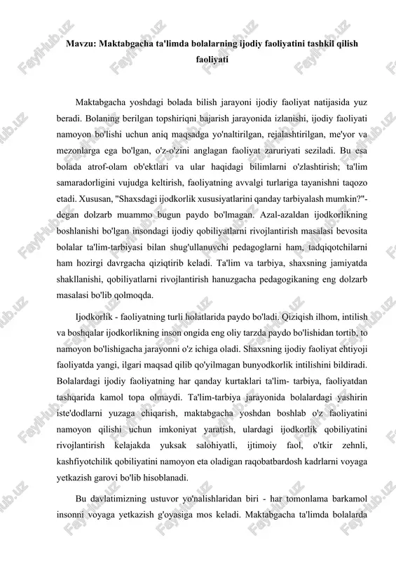 bolalar ijodiy faoliyatini tashkil qilish — DOCX