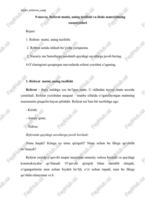 referat matni, uning tuzilishi va ifoda materialining xususiyatlari — DOCX