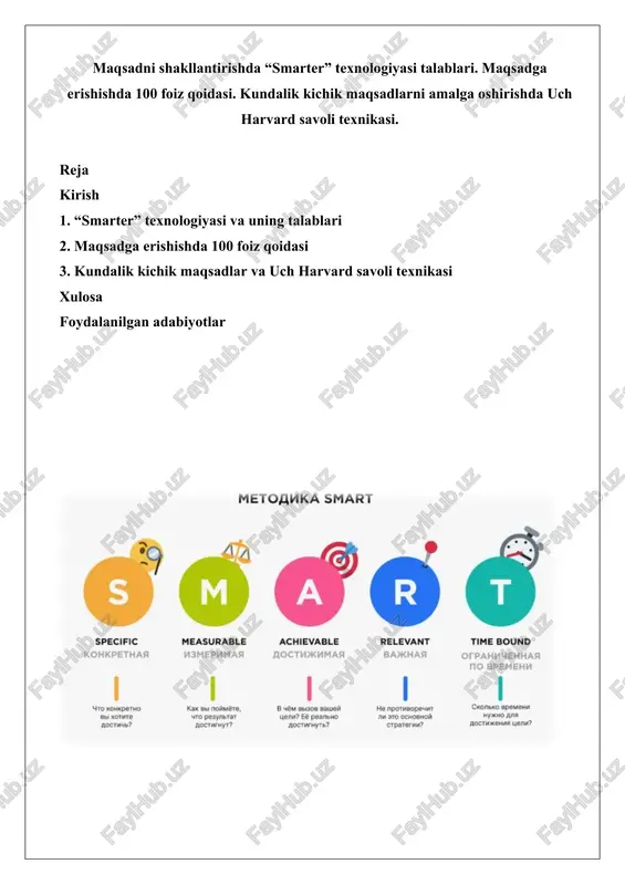 "smarter" texnologiyasi, 100 foiz qoidasi va uch harvard savoli texnikasi — DOCX