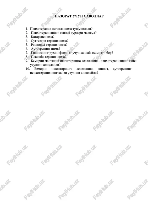 psixoterapiya savollari — DOCX