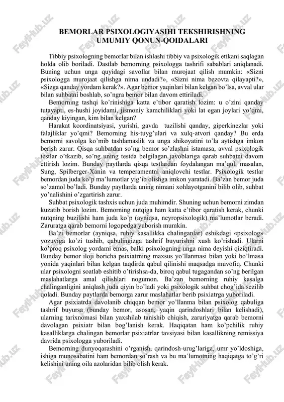 bemorlar psixologiyasini tekshirish — DOCX