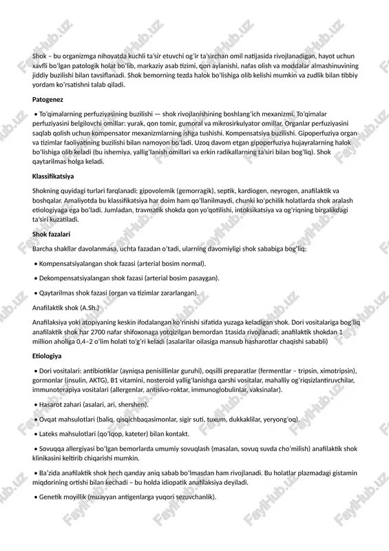 shok turlari patologik fiziologiyat — DOCX