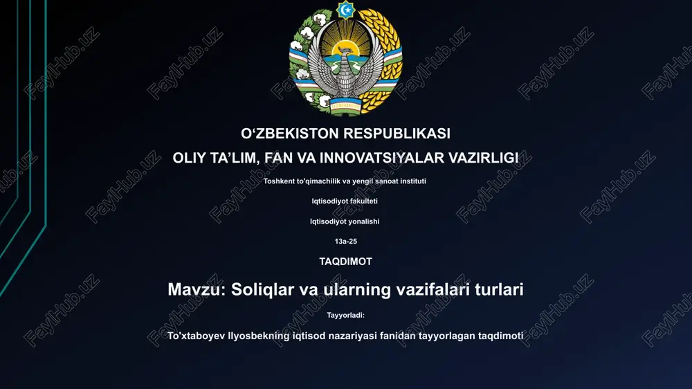 soliqlar va ularning vazifalari turlari — PPTX
