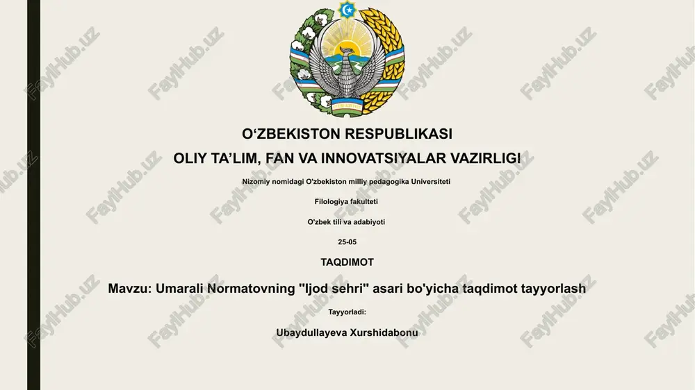 umarali normatovning ''ijod sehri'' asari bo'yicha taqdimot tayyorlash — PPTX