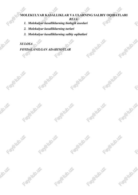molekulyar kasalliklar va ularning salbiy oqibatlari — DOCX