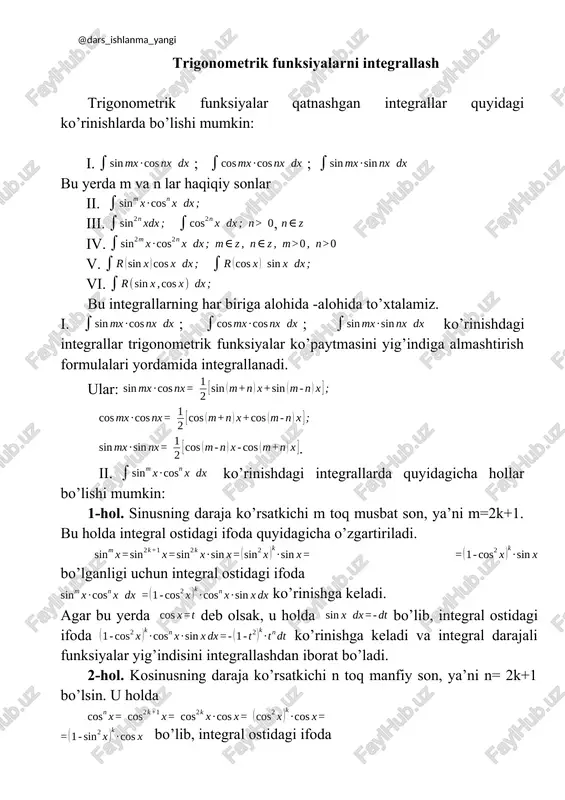 trigonometrik funksiyalarni integrallash — DOCX