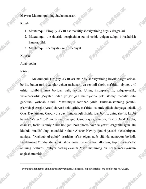 maxtumqulining saylanma asari — DOCX