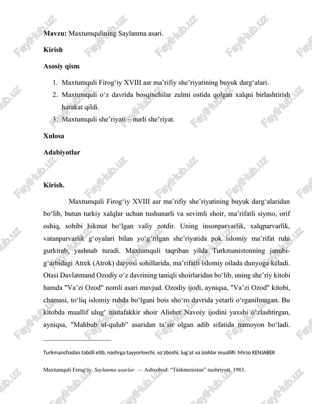 maxtumquli ferag‘iy. saylanma asarlar. — DOCX