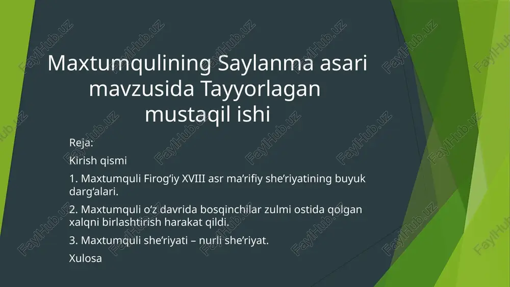 maxtumquli firog‘iy xviii asr ma’rifiy she’riyatining buyuk darg‘alari — PPTX
