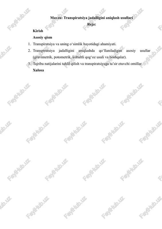 transpiratsiya jadalligini aniqlash usullari — DOCX