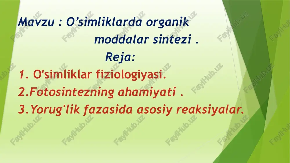 o’simliklarda organik moddalar sintezi — PPTX