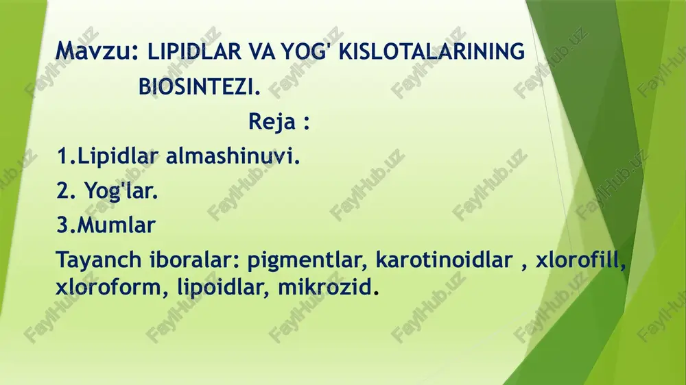 lipidlar va yog' kislotalarining biosintezi — PPTX