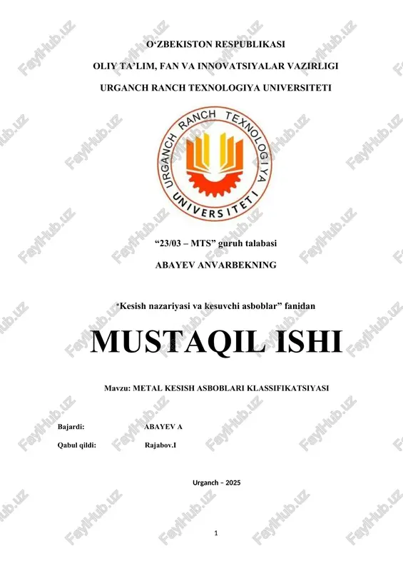 metal kesish asboblari klassifikatsiyasi — DOCX