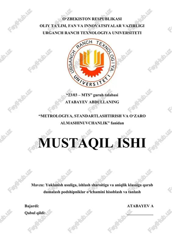dumalanish podshipniklari o‘lchamini hisoblash va tanlash — DOC