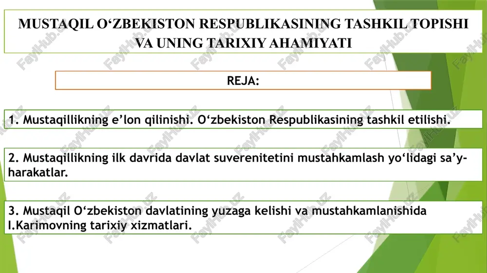 mustaqil o‘zbekiston respublikasining tashkil topishi va uning tarixiy ahamiyati. — PPTX