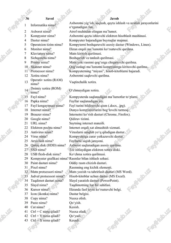 informatika haqida savollar va javoblar — DOCX