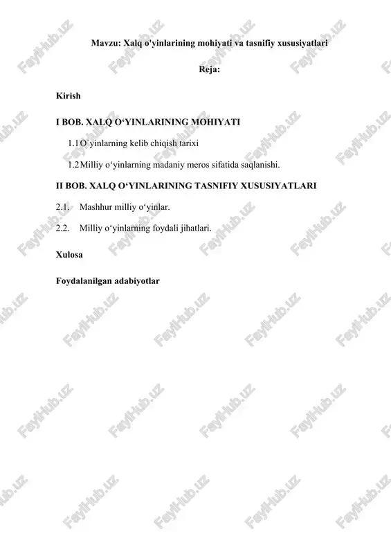 xalq o'yinlarining mohiyati va tasnifiy xususiyatlari — DOC
