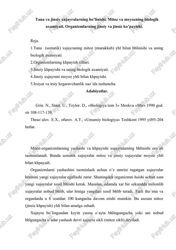 xujayralarning bo’linishi va khpayishi — DOC