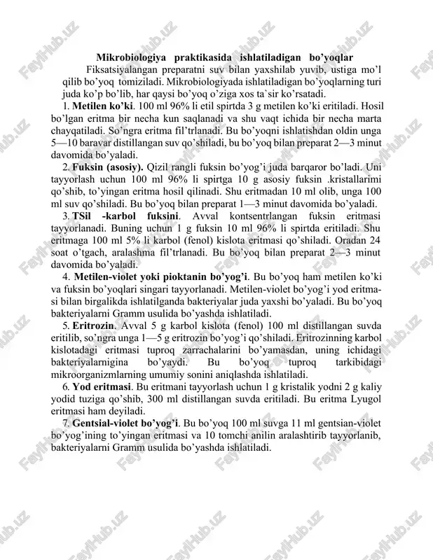 mikrobiologiya praktikasida ishlatiladigan bo’yoqlar — DOCX
